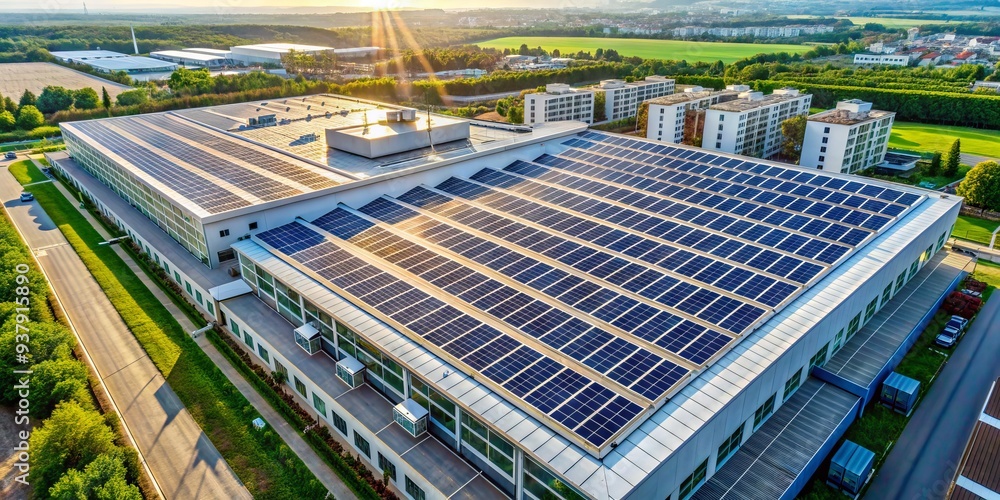 Bird's-eye view of a large building's rooftop covered in sleek solar panels, capturing sunlight to generate clean energy, amidst a vast landscape of photovoltaic cells. Bird's-eye view of a large building's rooftop covered in sleek solar panels, capturing sunlight to generate clean energy, amidst a vast landscape of photovoltaic cells.