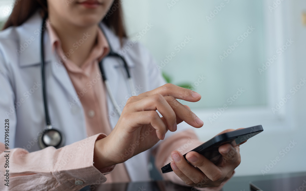 Asian doctor using smartphone at medical clinic for wellness research, medical app and online consulting. Hospital, clinic, female doctor internet searching on mobile phone at doctor's office Asian doctor using smartphone at medical clinic for wellness research, medical app and online consulting. Hospital, clinic, female doctor internet searching on mobile phone at doctor's office