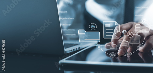 Obraz w ramie Document management system concept, software system for managing documents, information, organization. document searches and shares, data access, documentation reducing data loss