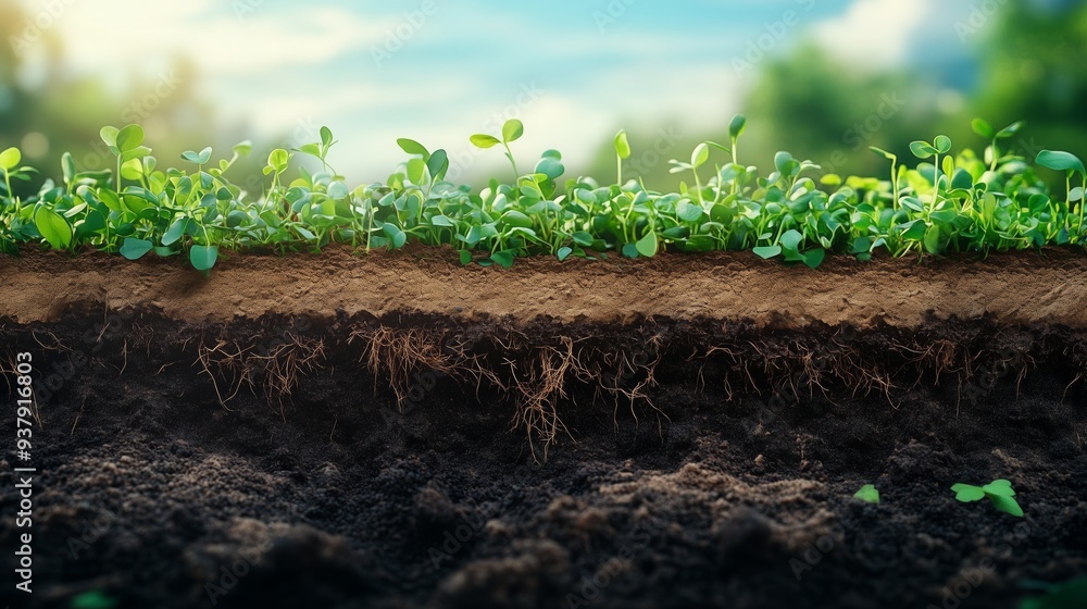 Fototapeta premium Close-up of soil layers and plant roots, highlighting earth's structure and life below