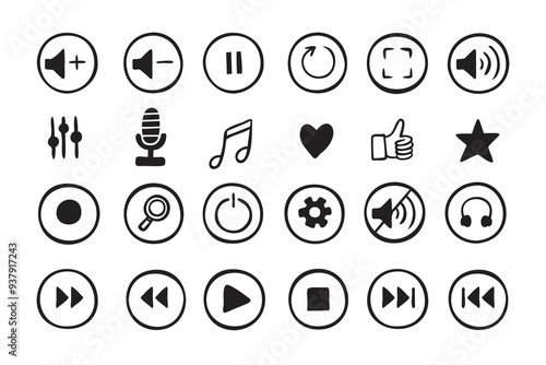Doodle hand drawn music icons set. Sketch style buttons. Media player elements.