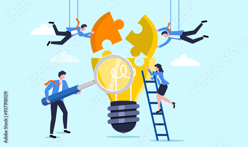 Teamwork idea, capacity planning, resource management or efficiency analysis, demand provisioning, redundancy or utilization forecast, resource allocation concept, businessman magnify lightbulb.