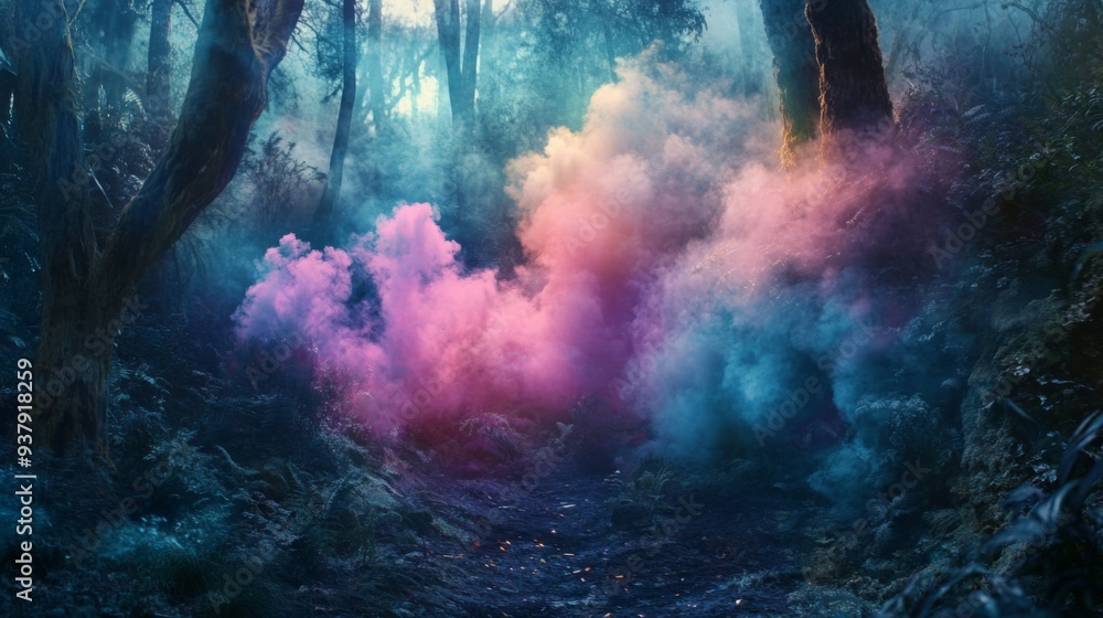 Obraz premium A mystical scene of colored smoke drifting through a dense forest, creating a dreamlike atmosphere.