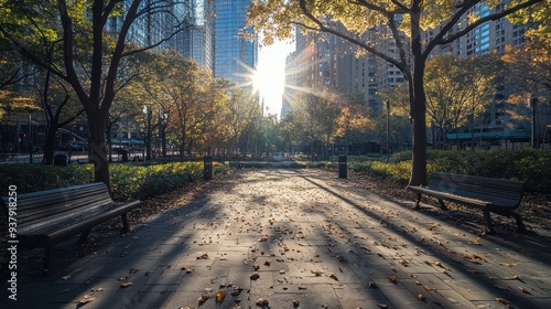 Morning Sunlight in an Urban Park with Empty Benches - Serene early morning scene in an urban park, with sunlight streaming through trees, casting long shadows on empty paths and benches.