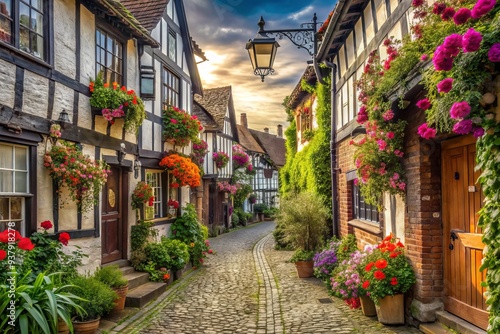 Charming narrow street lined with historic timber-framed buildings, adorned with vibrant flowers and lanterns, evoking a sense of quintessential English village charm.