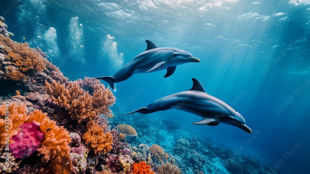 Fototapeta premium A peaceful scene of dolphins swimming near a coral reef, with vibrant marine life and colorful corals in the foreground.