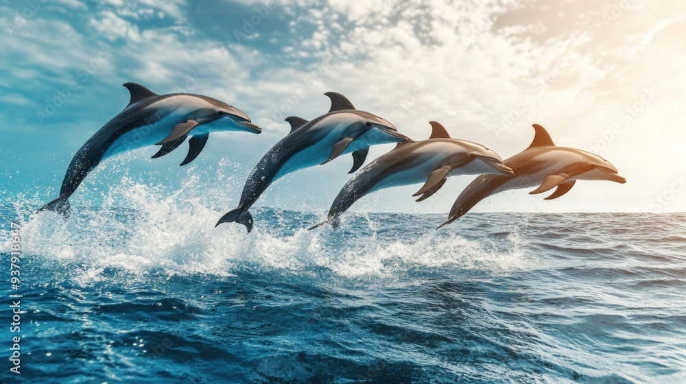 A pod of dolphins leaping out of the ocean in unison against a backdrop of a clear blue sky, capturing their playful nature. A pod of dolphins leaping out of the ocean in unison against a backdrop of a clear blue sky, capturing their playful nature.