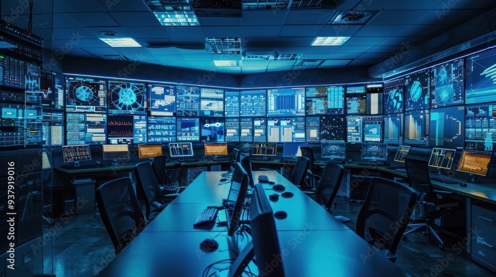 Control Room with Multiple Screens Displaying Data and Information Control Room with Multiple Screens Displaying Data and Information