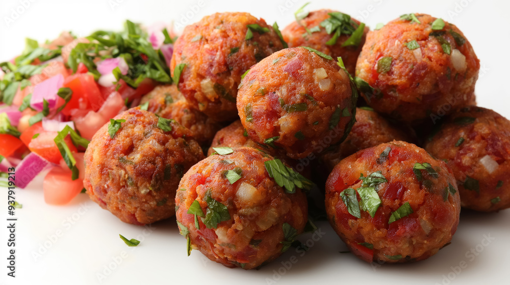 Plate of savory, seasoned meatballs garnished with fresh herbs and accompanied by a colorful vegetable salad, showcasing a delicious and hearty meal. Plate of savory, seasoned meatballs garnished with fresh herbs and accompanied by a colorful vegetable salad, showcasing a delicious and hearty meal.