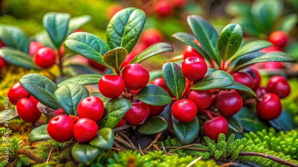 Close-up of Gaultheria procumbens, also known as wintergreen, featuring its shiny green leaves and red berries on a moss-covered forest floor. Close-up of Gaultheria procumbens, also known as wintergreen, featuring its shiny green leaves and red berries on a moss-covered forest floor.