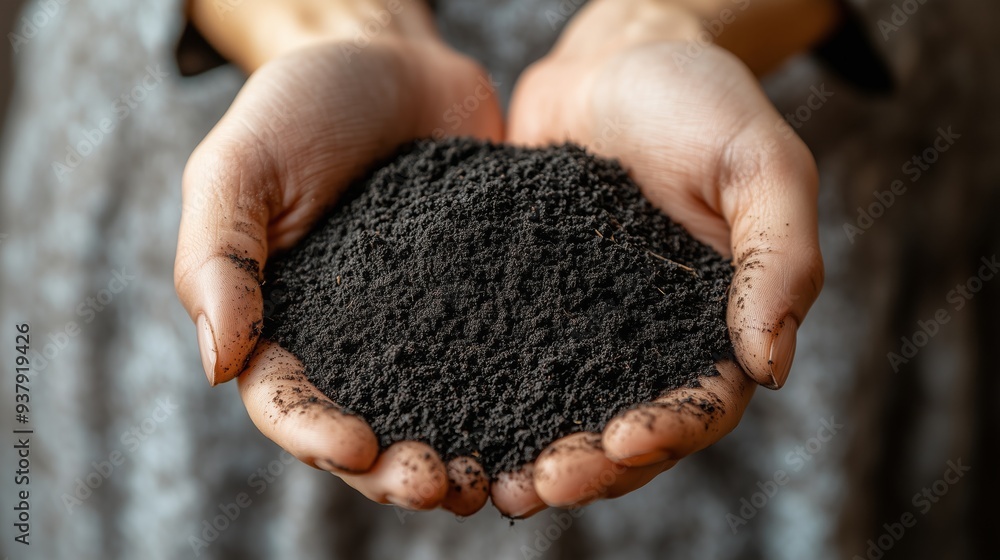 Hands grasping dark, fertile soil, showcasing its richness and texture Hands grasping dark, fertile soil, showcasing its richness and texture