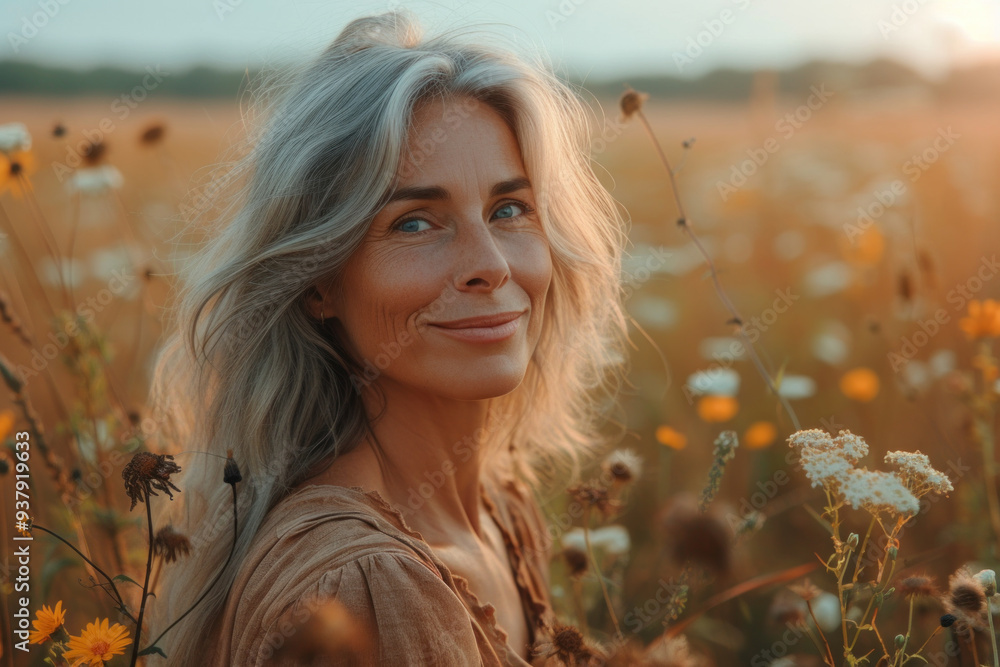 Serene elderly woman in a field of blooming flowers Serene elderly woman in a field of blooming flowers