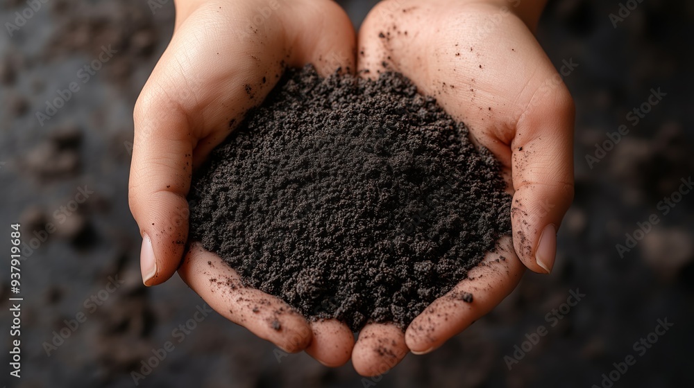Hands are cradling a handful of dark, fertile soil in bright daylight outdoors Hands are cradling a handful of dark, fertile soil in bright daylight outdoors