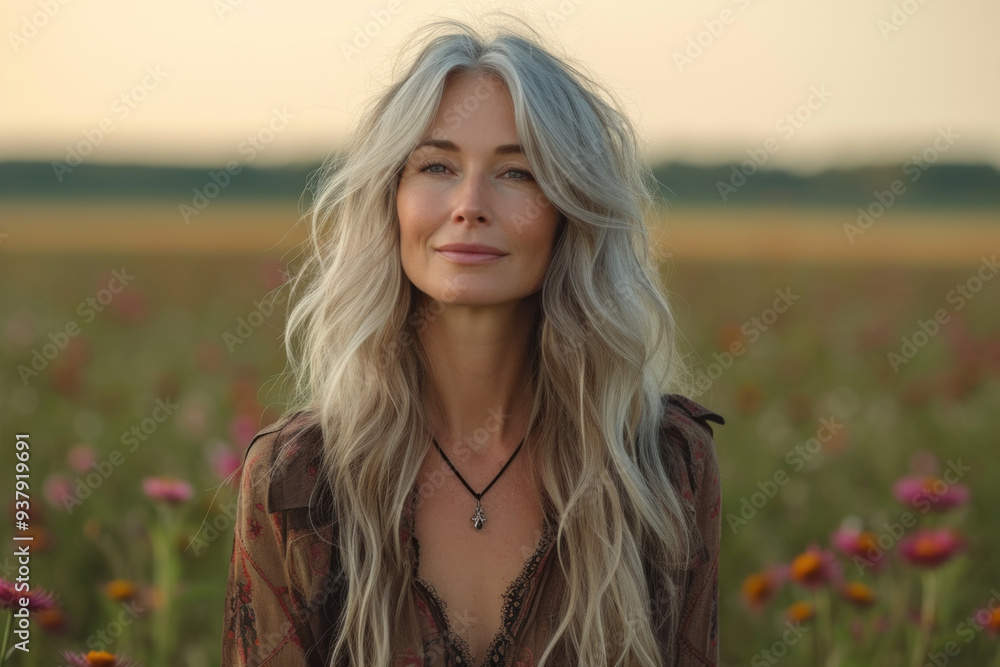 Serene mature woman smiling in a field of wildflowers Serene mature woman smiling in a field of wildflowers