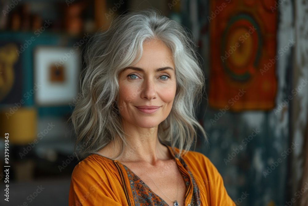 Happy mature woman smiling in a cozy living room Happy mature woman smiling in a cozy living room