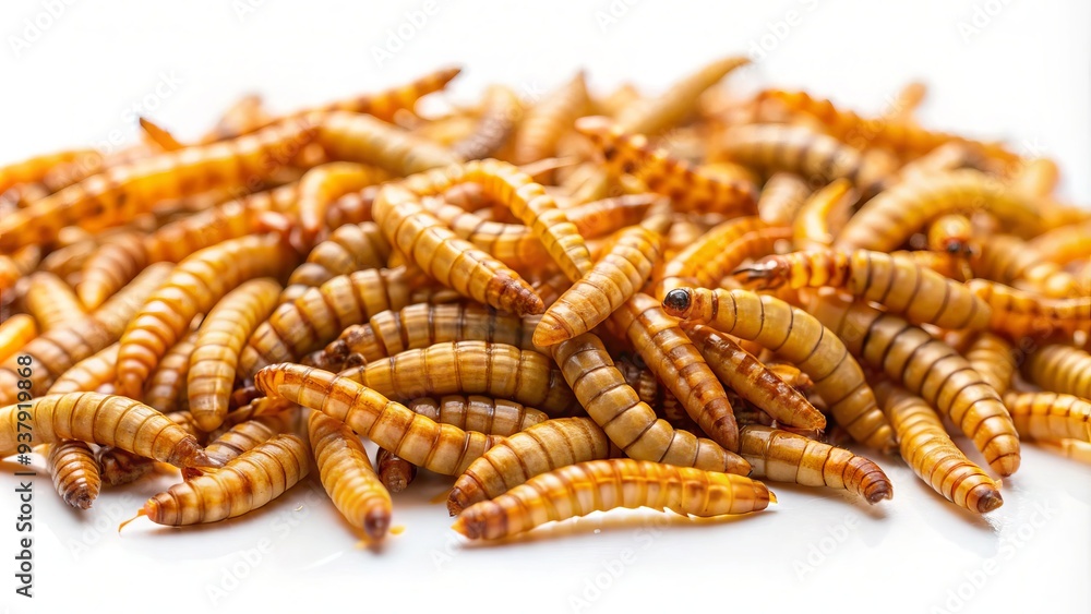 Close-up shot of mealworms scattered on a white background, showcasing their yellowish-brown color and worm-like bodies with distinct segments and tiny legs. Close-up shot of mealworms scattered on a white background, showcasing their yellowish-brown color and worm-like bodies with distinct segments and tiny legs.