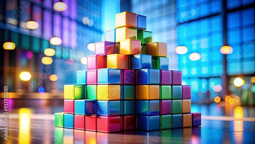 Colorful 3D cubes stacked on top of each other, surrounded by blurred background, symbolizing innovation, strategy, and creative problem-solving in a modern digital environment. photo