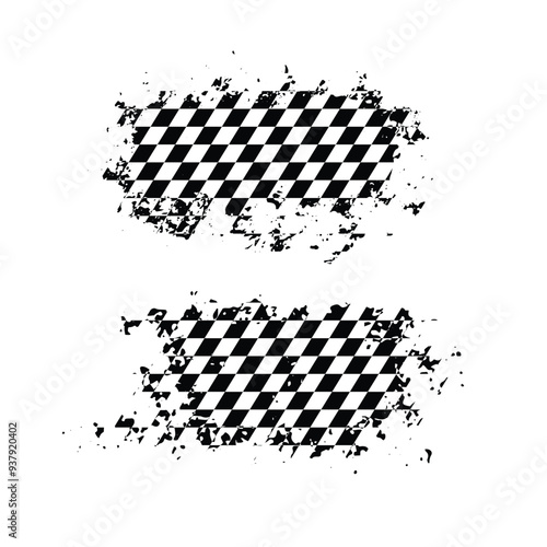 Racing grunge brush texture design, auto rally badge. Checkered pattern. Start, finish flag, scratches