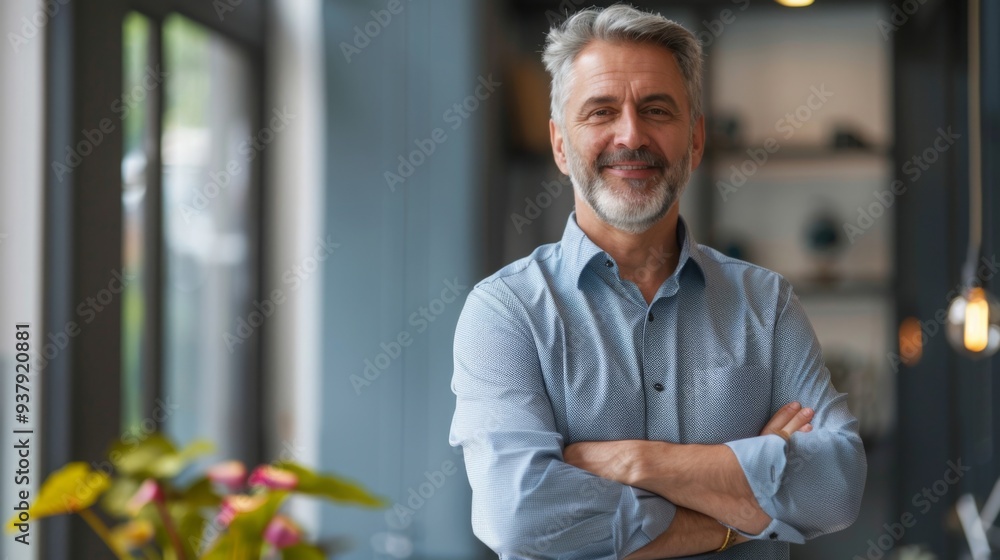 Smiling handsome businessman with crossed arms in modern office, middle-aged gray-haired man exuding confidence, business success concept. Smiling handsome businessman with crossed arms in modern office, middle-aged gray-haired man exuding confidence, business success concept.