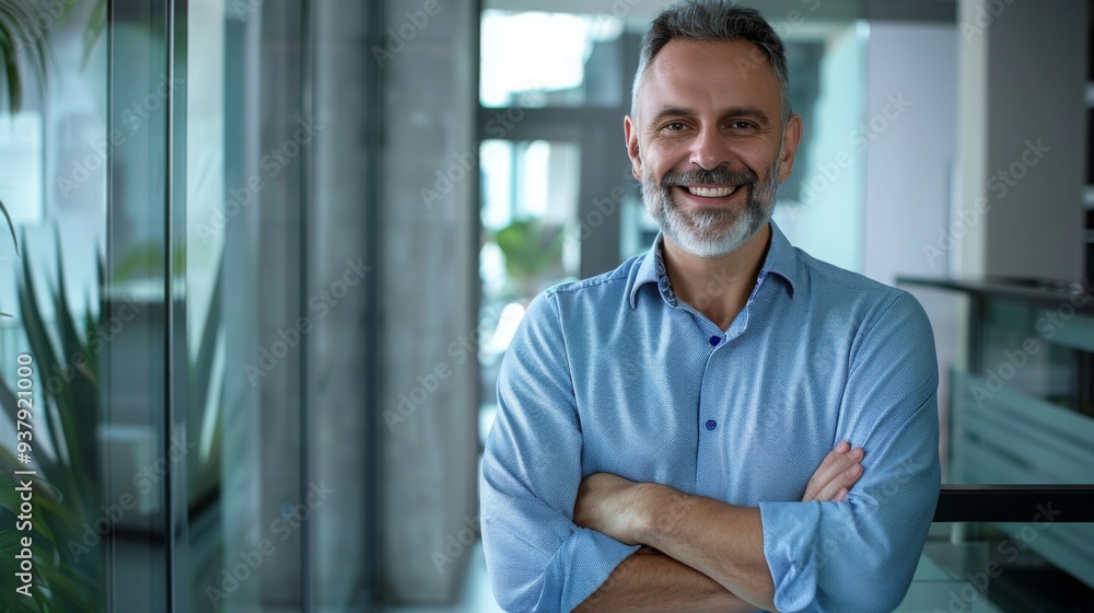 Fototapeta premium Smiling handsome businessman with crossed arms in modern office, middle-aged gray-haired man exuding confidence, business success concept.