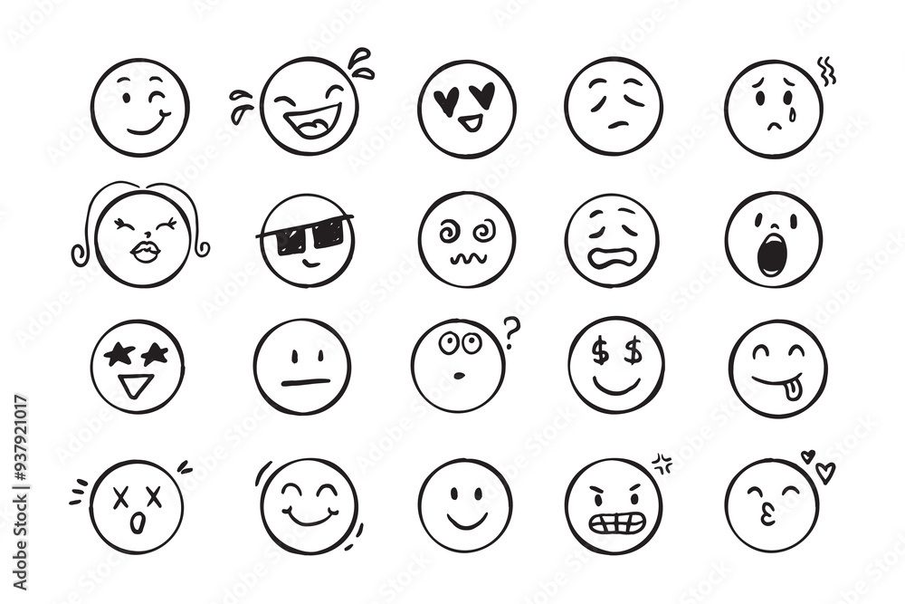 Emoji face icon doodle set. Faces with different emotion mood. Hand drawn comic sketch style. Emoji face icon doodle set. Faces with different emotion mood. Hand drawn comic sketch style.