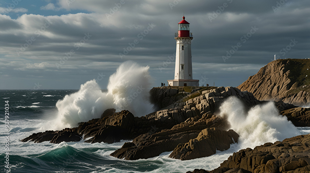 A lighthouse standing tall on a rocky outcrop, with waves crashing below. Background A lighthouse standing tall on a rocky outcrop, with waves crashing below. Background