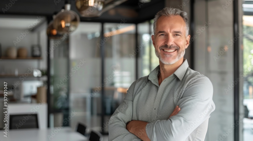 Smiling handsome businessman with crossed arms in modern office, middle-aged gray-haired man exuding confidence, business success concept. Smiling handsome businessman with crossed arms in modern office, middle-aged gray-haired man exuding confidence, business success concept.