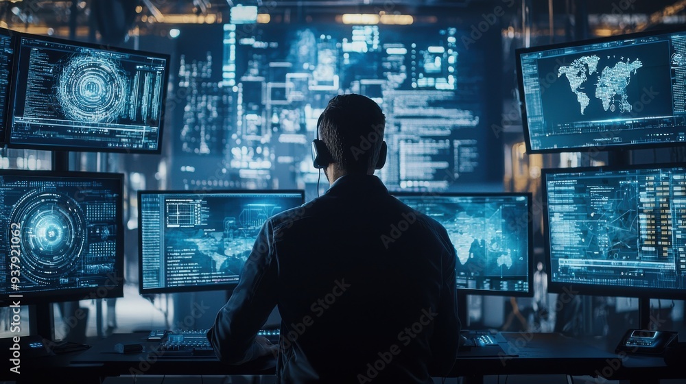 A cybersecurity expert monitoring an AI-driven system that detects and defends against cyber threats in real-time, with multiple digital screens showing intrusion attempts and AI countermeasures. A cybersecurity expert monitoring an AI-driven system that detects and defends against cyber threats in real-time, with multiple digital screens showing intrusion attempts and AI countermeasures.