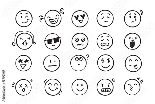 Emoji face icon doodle set. Faces with different emotion mood. Hand drawn comic sketch style. 