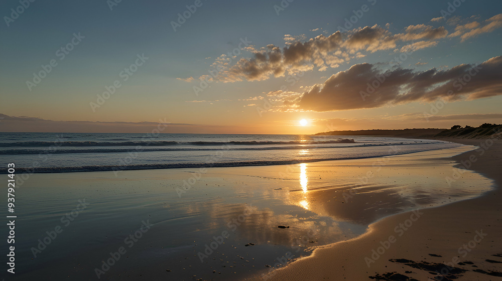 A quiet beach at sunrise, with gentle waves lapping against the shore. Background A quiet beach at sunrise, with gentle waves lapping against the shore. Background