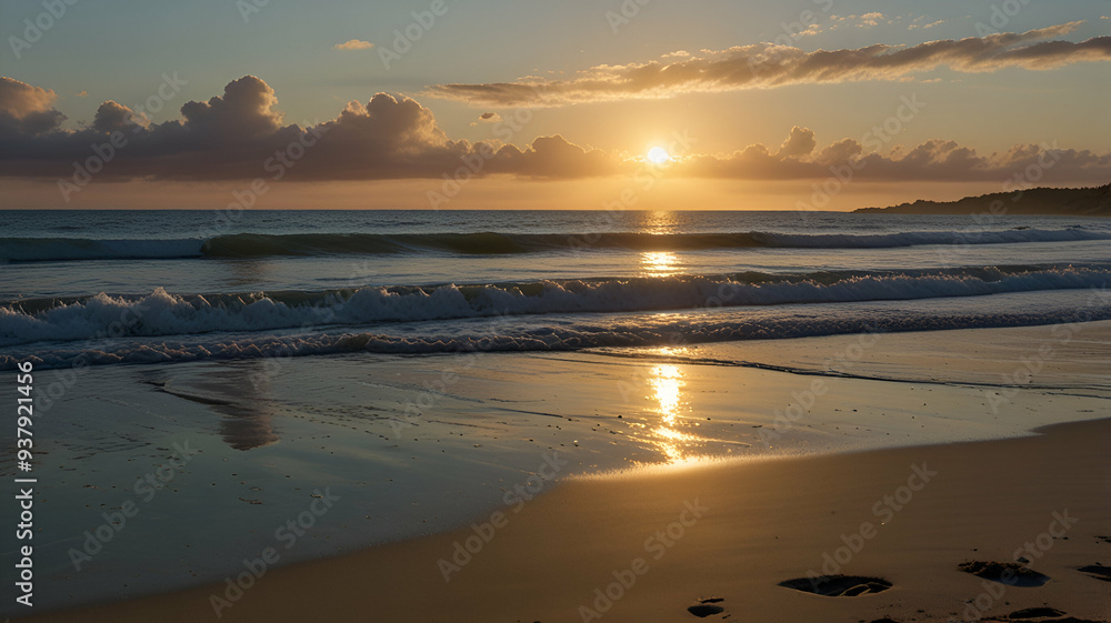 A quiet beach at sunrise, with gentle waves lapping against the shore. Background A quiet beach at sunrise, with gentle waves lapping against the shore. Background