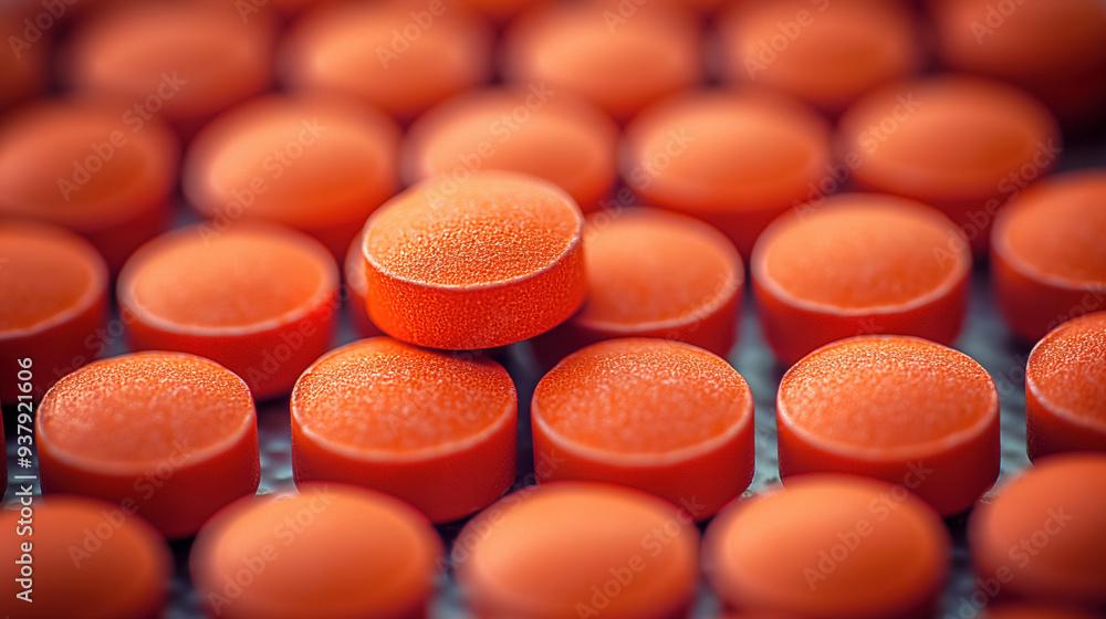 Numerous round, orange pills closely arranged, with one pill slightly elevated, creating a focus on its textured surface. Numerous round, orange pills closely arranged, with one pill slightly elevated, creating a focus on its textured surface.