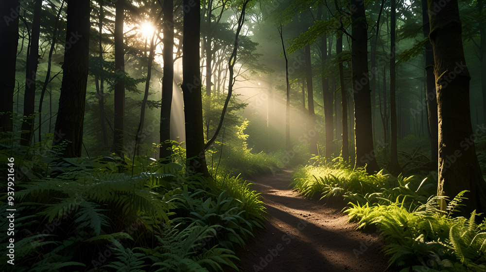 Obraz premium A narrow path winding through a dense, green forest with the sunlight barely filtering through. Background