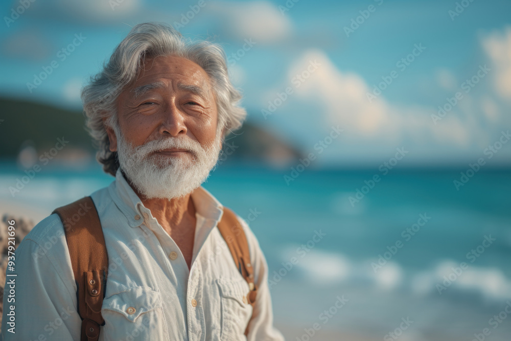 Senior man enjoying peaceful beach day with serene smile Senior man enjoying peaceful beach day with serene smile