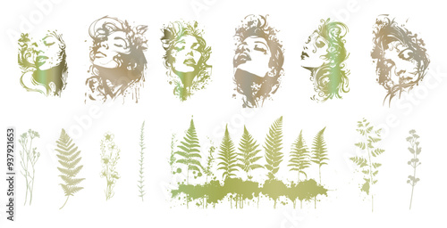 Detailed trendy design for natural products, wall art, social media, prints, invitations and branding design. Vector set of line drawings of decorated women's heads with flowers, plants and leaves.