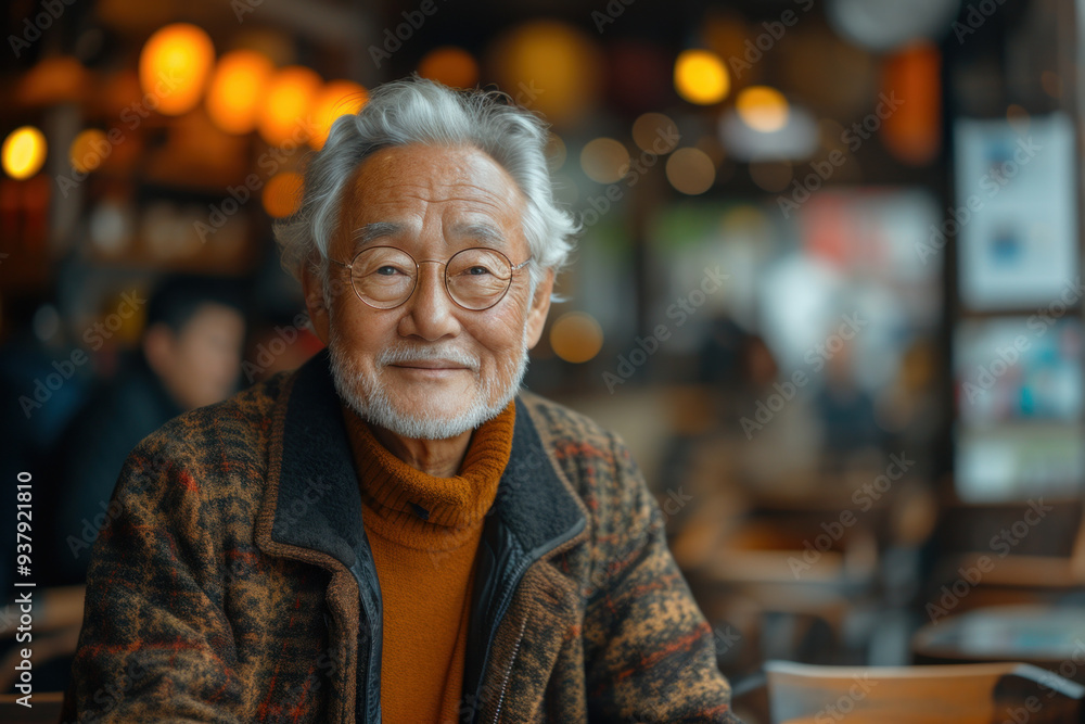 Happy elderly man enjoying coffee in a cozy cafe setting Happy elderly man enjoying coffee in a cozy cafe setting
