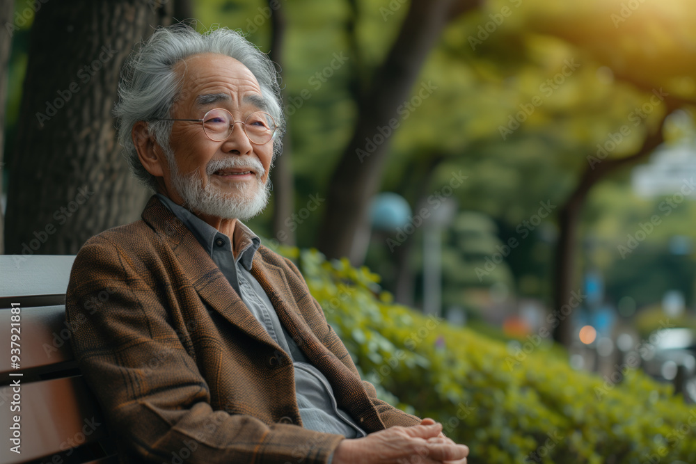 Elderly man peacefully enjoying nature on a park bench outdoors