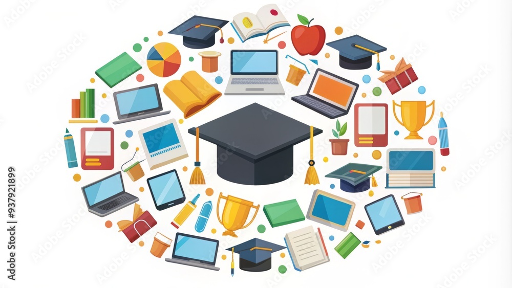 Colorful illustration of university icons, including a graduation cap, diploma, books, and a laptop, arranged in a circular pattern on a white background. Colorful illustration of university icons, including a graduation cap, diploma, books, and a laptop, arranged in a circular pattern on a white background.