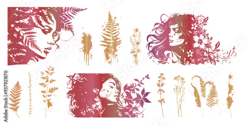Detailed trendy design for natural products, wall art, social media, prints, invitations and branding design. Vector set of line drawings of decorated women's heads with flowers, plants and leaves.