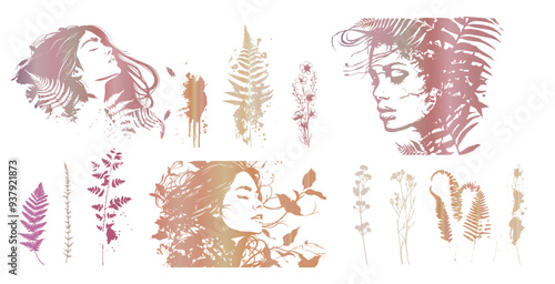 Detailed trendy design for natural products, wall art, social media, prints, invitations and branding design. Vector set of line drawings of decorated women's heads with flowers, plants and leaves.