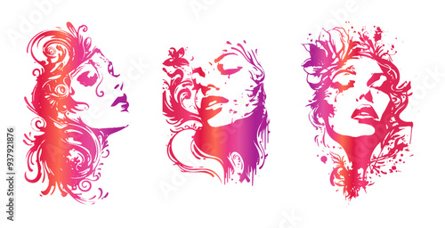 Detailed trendy design for natural products, wall art, social media, prints, invitations and branding design. Vector set of line drawings of decorated women's heads with flowers, plants and leaves.