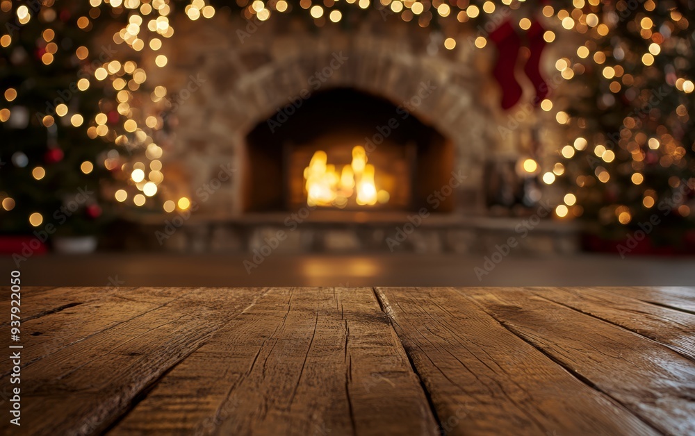 Wooden table against the background of a Christmas fireplace and festive lights of garlands on the Christmas tree. Winter and Christmas holidays concept. Wooden New Year's table Wooden table against the background of a Christmas fireplace and festive lights of garlands on the Christmas tree. Winter and Christmas holidays concept. Wooden New Year's table