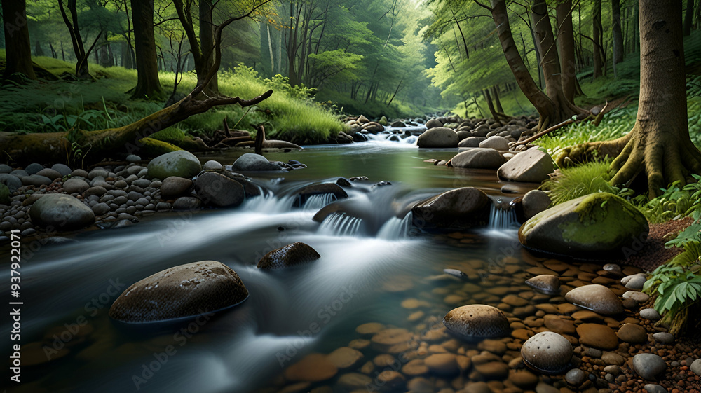 A quiet forest stream, with smooth stones and overhanging branches creating a peaceful scene. Background
