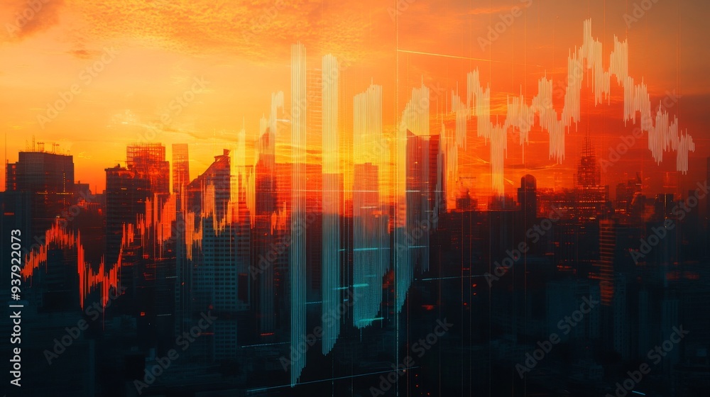 An abstract financial graph with upward and downward trends, overlaid on a cityscape at sunset, representing economic growth and decline. An abstract financial graph with upward and downward trends, overlaid on a cityscape at sunset, representing economic growth and decline.