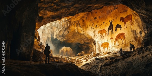 Wallpaper Mural Dimly Lit Cave Interior: Prehistoric Cave Paintings of Ancient Wildlife Torontodigital.ca