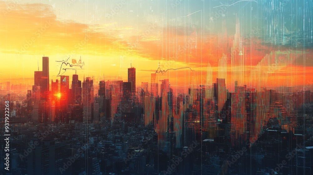 An abstract financial graph with upward and downward trends, overlaid on a cityscape at sunset, representing economic growth and decline. An abstract financial graph with upward and downward trends, overlaid on a cityscape at sunset, representing economic growth and decline.