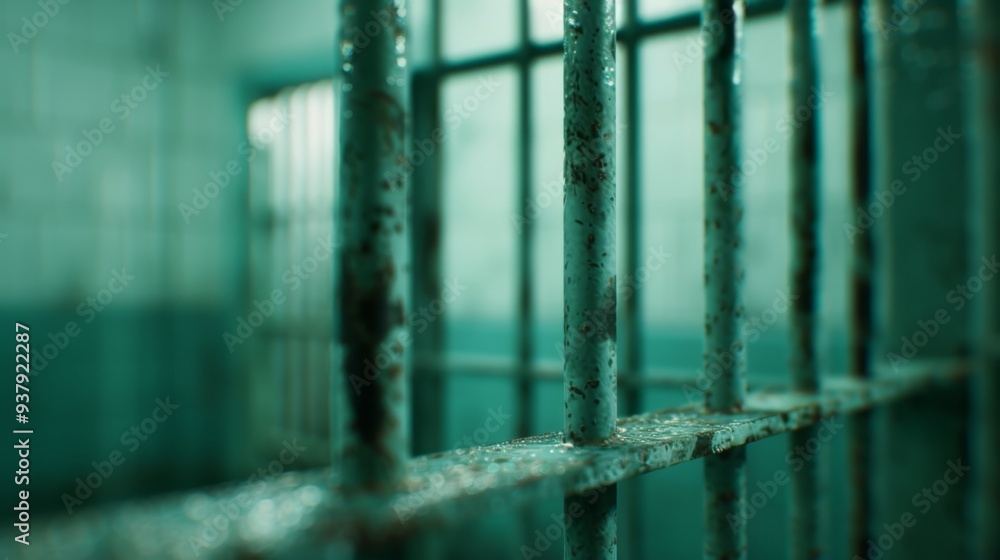 Prison Cell View, an interior scene featuring a green door framed by barred openings, minimalist design emphasizing simplicity and space, evoking a sense of confinement and solitude Prison Cell View, an interior scene featuring a green door framed by barred openings, minimalist design emphasizing simplicity and space, evoking a sense of confinement and solitude