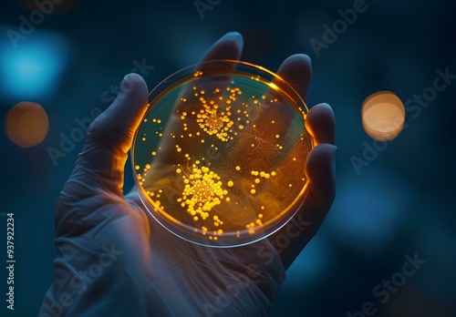 night scene on a petri dish with bacteria, microfilm and mold in hand in a close up. A dark undertone concept for medical science research.  photo