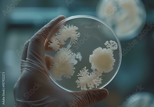 night scene on a petri dish with bacteria, microfilm and mold in hand in a close up. A dark undertone concept for medical science research.  photo