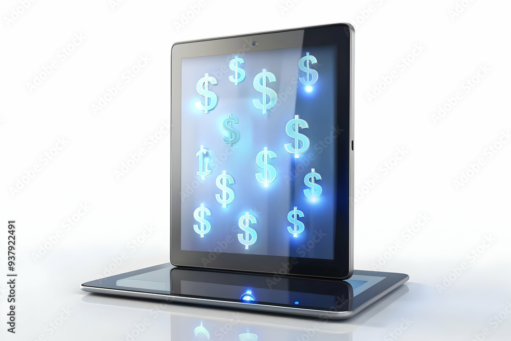 3D Tablet with Holographic Money Symbols concept as Vertical shot of a tablet on a white surface with glowing holographic money symbols floating above it offering a high impact Black Friday themed cop 3D Tablet with Holographic Money Symbols concept as Vertical shot of a tablet on a white surface with glowing holographic money symbols floating above it offering a high impact Black Friday themed cop